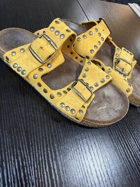 Bosabo Paris Studded Leather Sandals 41 Yellow Suede Cork Footbed Boho Buckle